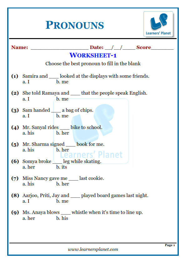 Pronouns Worksheet Grade 9